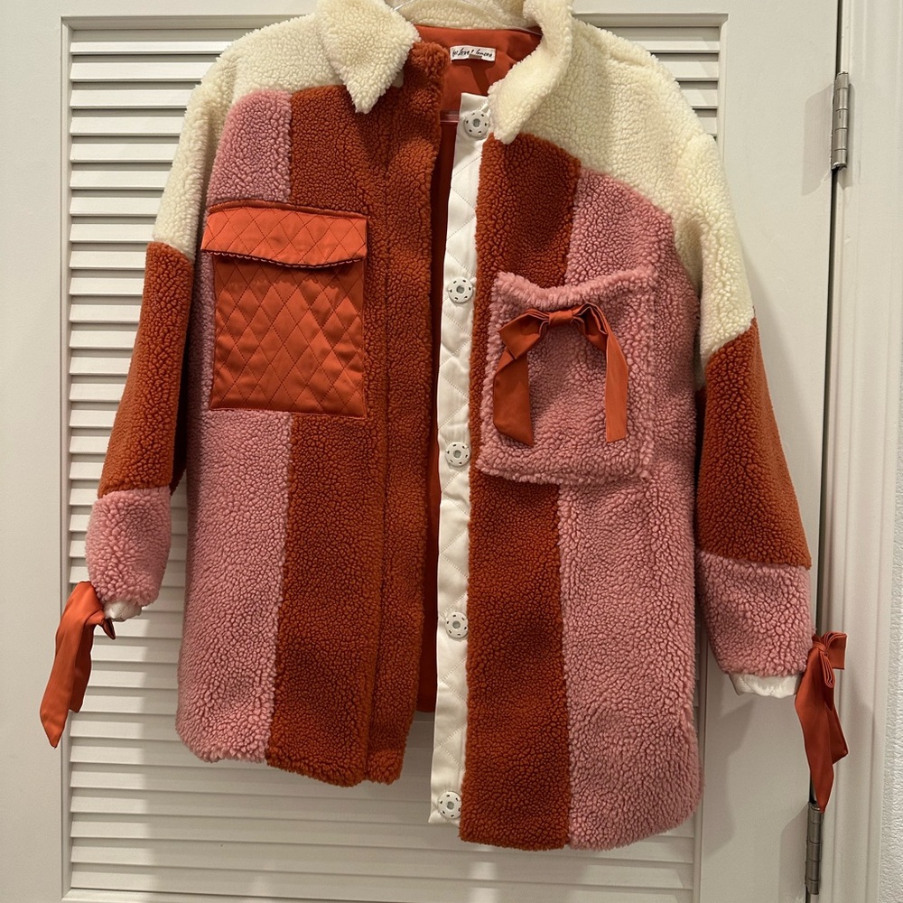 For Love And Lemons Cream and Orange Sherpa Jacket